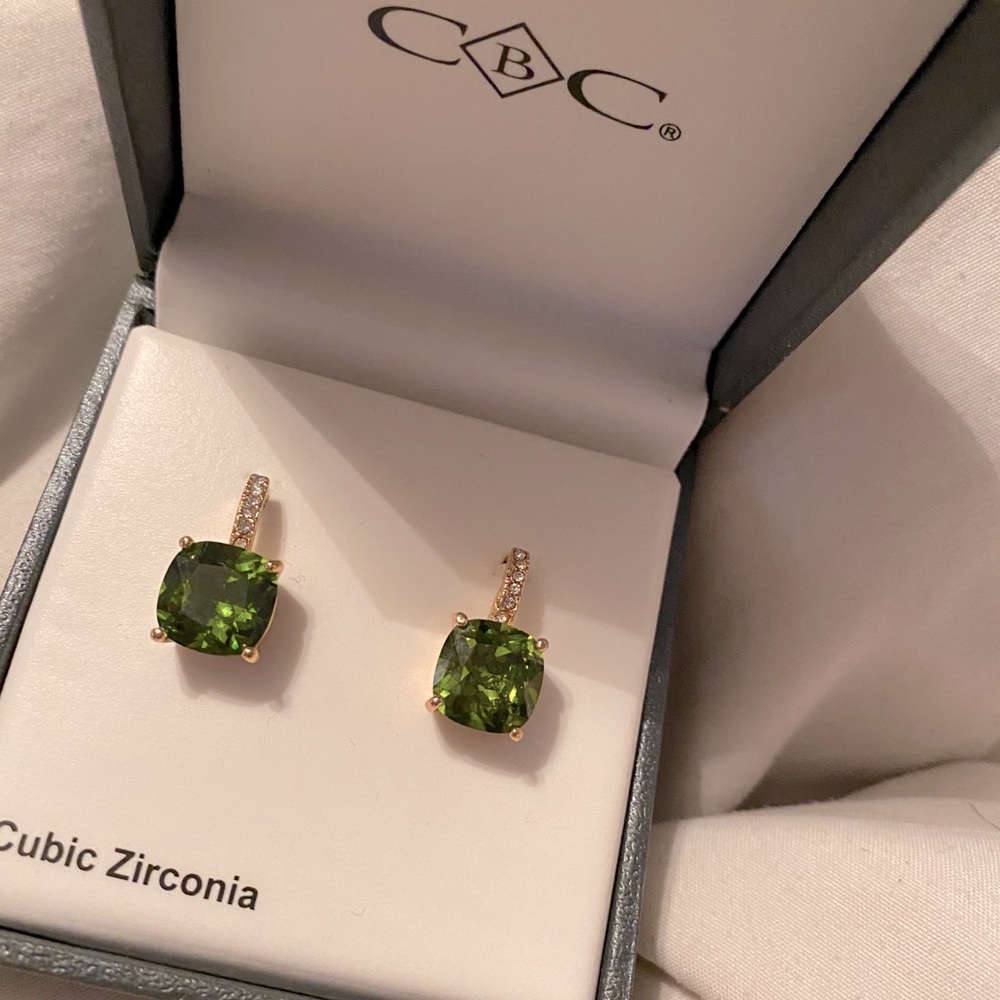 Green CZ Dropped Hooped Earrings